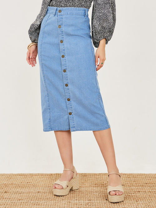 Buy Front Button Denim Midi Skirt Blue For Women Styli UAE