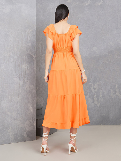 Buy Ruffle Sleeve Low V Neck Tiered Midi Dress Orange For Women Styli UAE