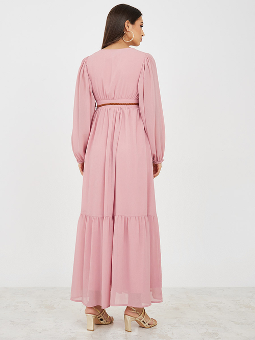 Buy Sheer Volume Sleeve Solid A Line Maxi Dress Pink For Women