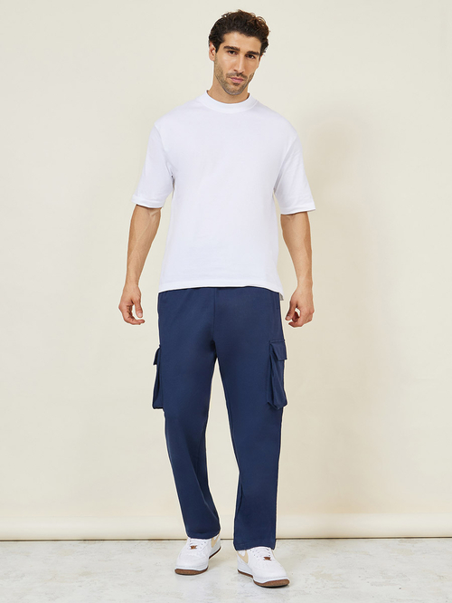 Buy Oversized Straight Leg Joggers with Cargo Pockets Navy Blue For Men Styli Saudi
