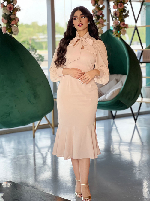 Buy Tie Up Neck Frill Hem Bodycon Midi Dress Beige For Women Styli UAE