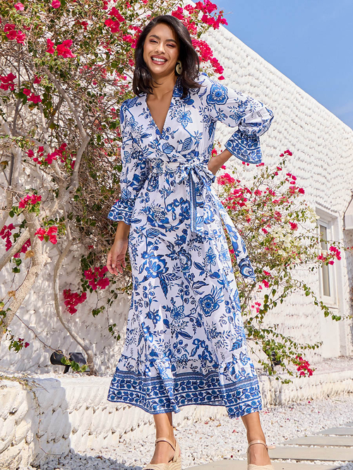 Floral print wrap maxi dress clearance
