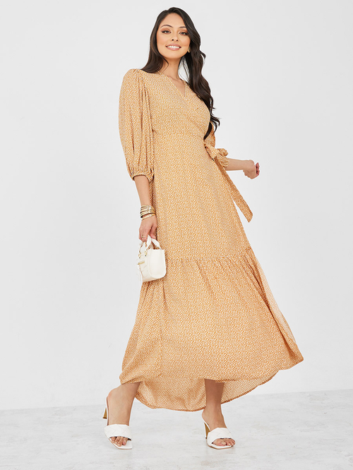 Buy Ditsy Print Viscose Wrap Maxi Dress Mustard For Women Styli UAE