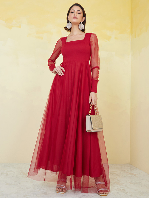 Buy Square Neck Mesh Insert A Line Maxi Dress Maroon For Women