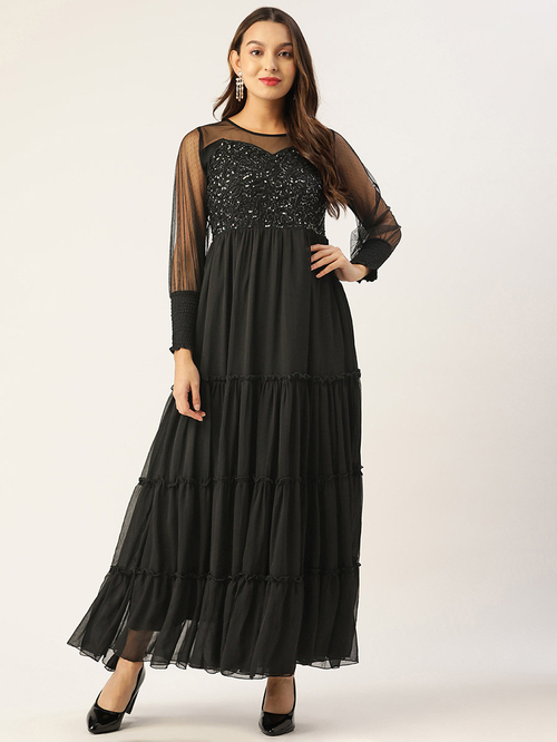 Buy Embellished Chiffon Tiered Maxi Dress Black For Women Styli UAE