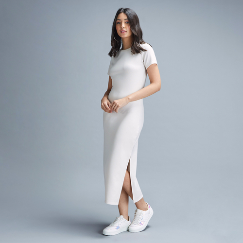 Buy Solid Side Slit Midi Shift Dress White For Women Styli UAE