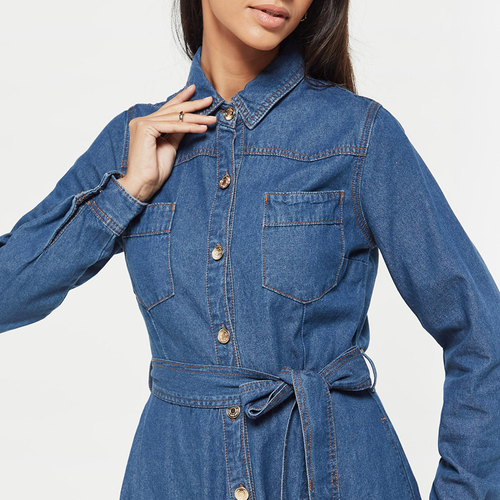 Buy Solid Denim Shirt Dress with Tie Up Belt Blue For Women Styli Saudi