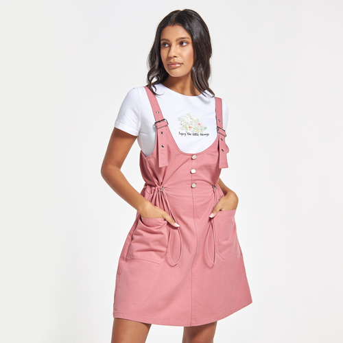 Buy Drawstring Detail Pinafore Dress with Buckle Straps Pink For Women Styli Saudi