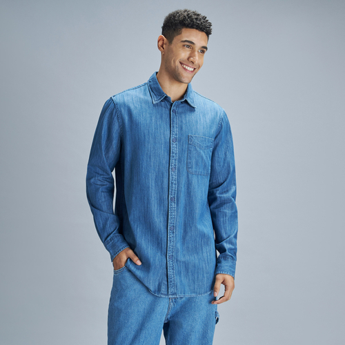 Buy Longline Denim Shirt with Chest Pocket Blue For Men Styli UAE