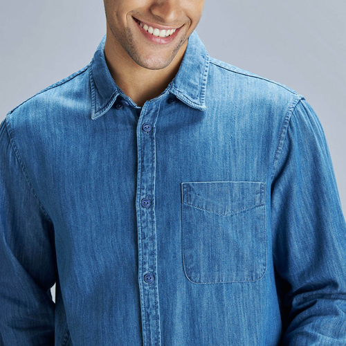 Buy Longline Denim Shirt with Chest Pocket Blue For Men Styli UAE