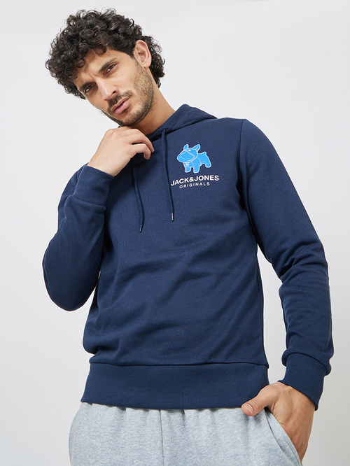 Navy blue graphic hoodie clearance