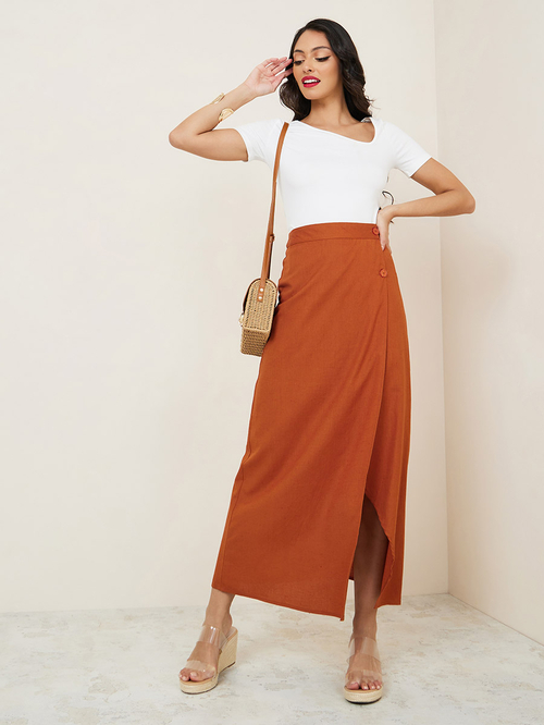 Buy High Rise Wrap Maxi Skirt with Buttons Brown For Women Styli Saudi