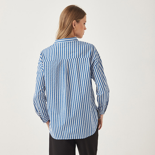 Buy Striped Oversized Shirt with High Low Hem Blue For Women Styli UAE