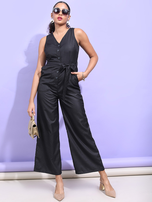 Button detail self shop tie jumpsuit