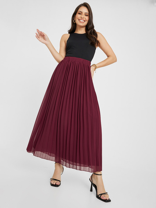 Burgundy pleated maxi skirt cheap
