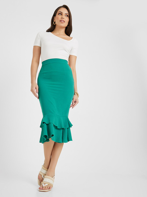 Buy Ruffle Hem Pencil Skirt Teal For Women Styli UAE