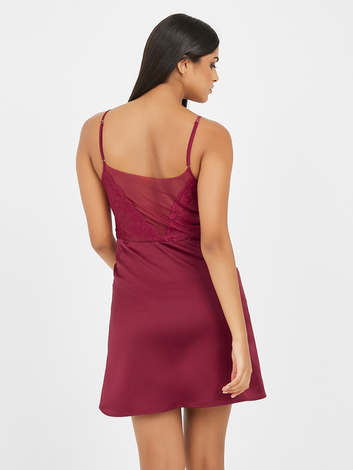 Buy Lace Cup Satin Slip Dress with Deep V Back Mesh Insert Red For Women Styli UAE