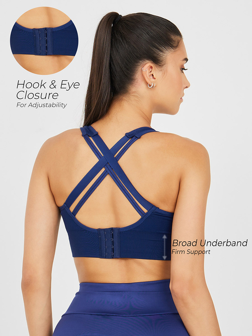 Buy Broad Hook Eye Multi Back Strap Firm Support Sports Bra Navy Blue For Women Styli Saudi