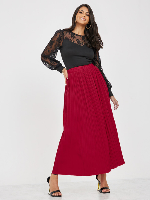 Buy Elastic Waist Pleated A Line Maxi Skirt Red For Women Styli Saudi