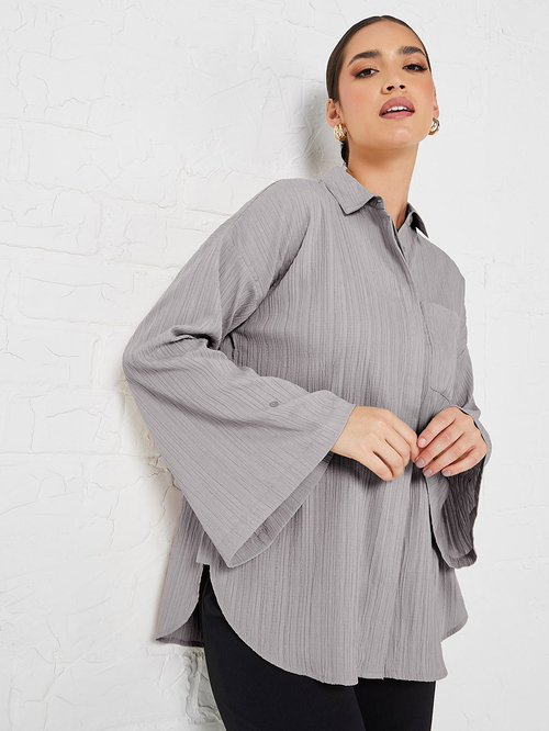 Buy Flare Sleeve Crepe Oversized Longline Shirt Grey For Women Styli Saudi