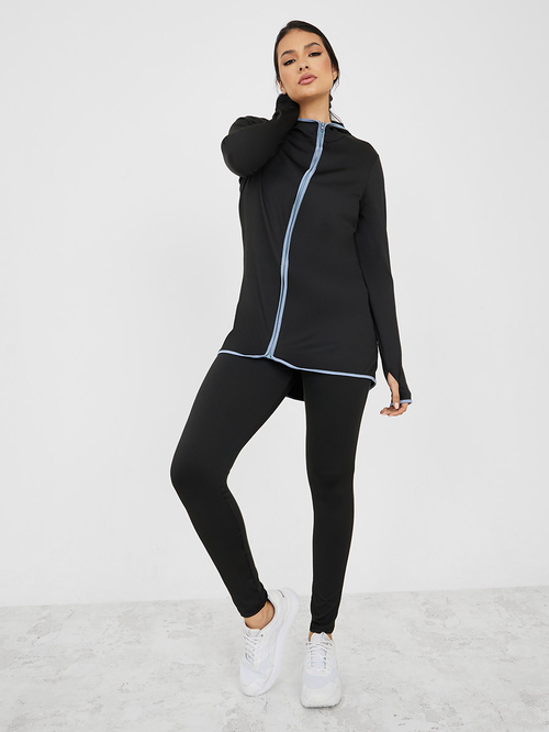 Modest Longline Contrast Piping Thumbhole Detail Top with