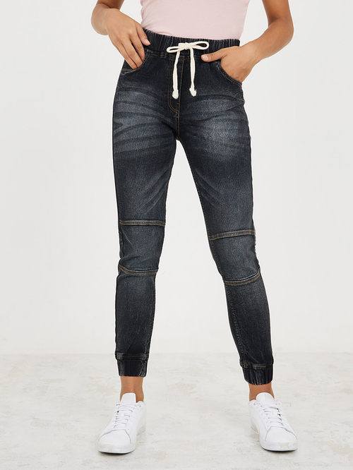 Buy High Rise Drawstring Waistband Slim Fit Denim Jogger Grey For Women Styli Saudi