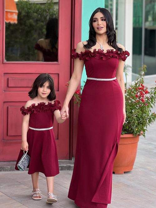Buy Ponte Off Shoulder Embellished Maxi Dress with Organza Ruffles Burgundy For Women Styli Kuwait