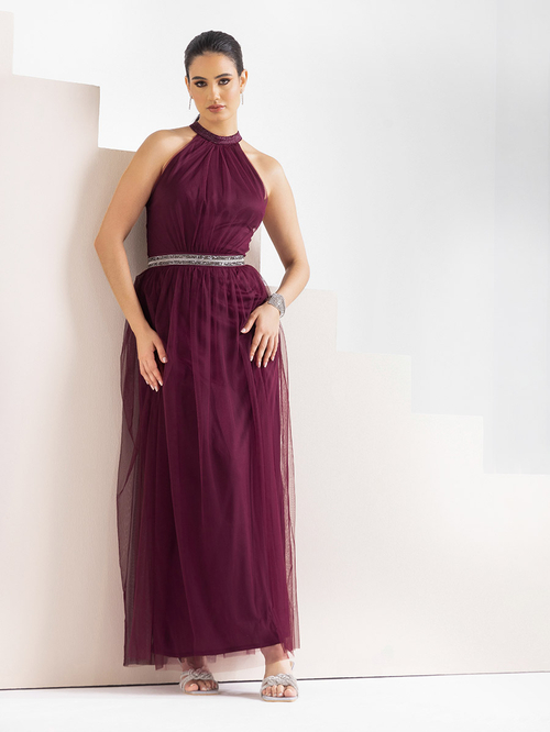 Buy Embellished Mesh Insert Halter Neck Maxi Dress Burgundy For Women Styli Saudi