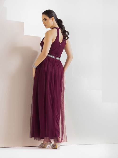 Embellished burgundy dress best sale