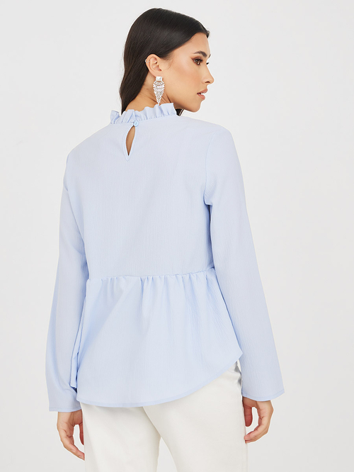 Buy Frill High Neck Peplum Blouse Blue For Women Styli Kuwait