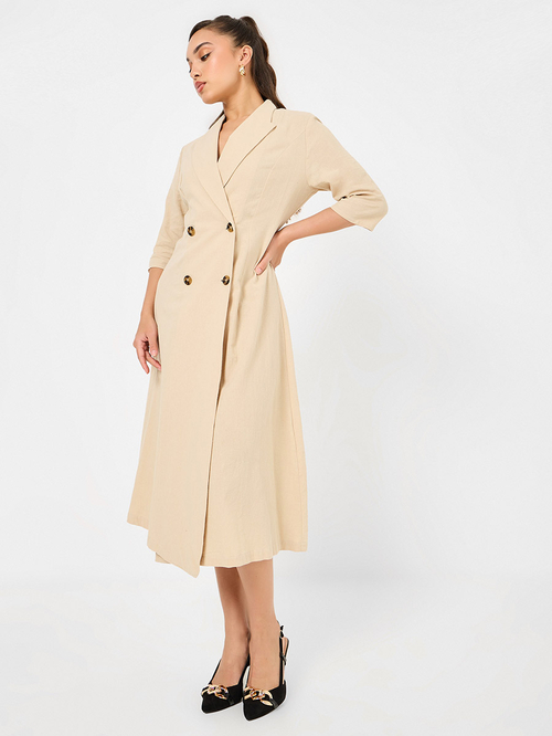 Buy Double Breasted Cotton Blazer Midi Dress Beige For Women Styli UAE