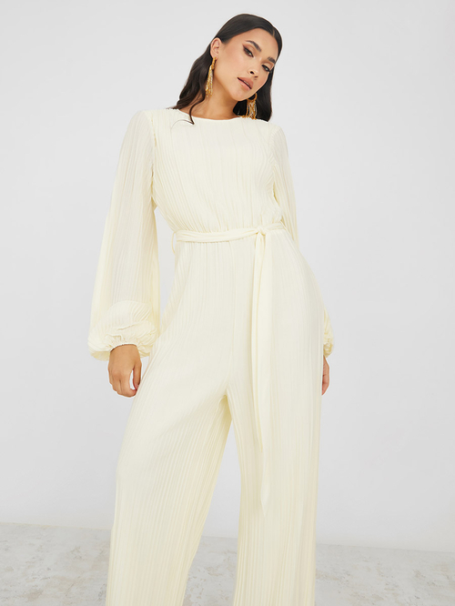 Gold metallic sheer plisse wide sales leg jumpsuit