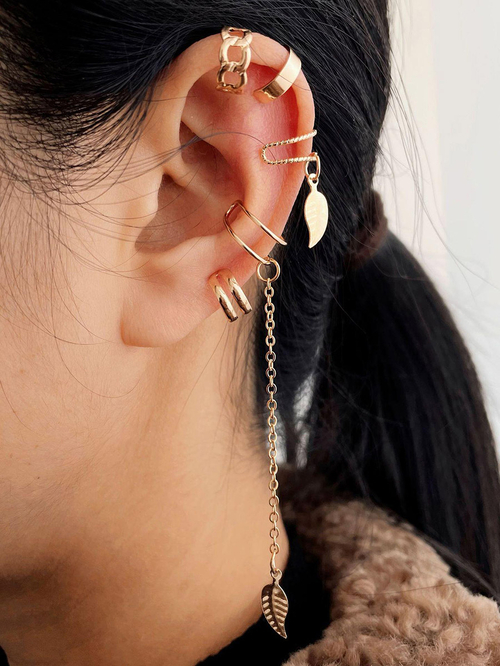 Buy Set of 5 Leaf Drop Ear Cuff Gold For Women Styli UAE