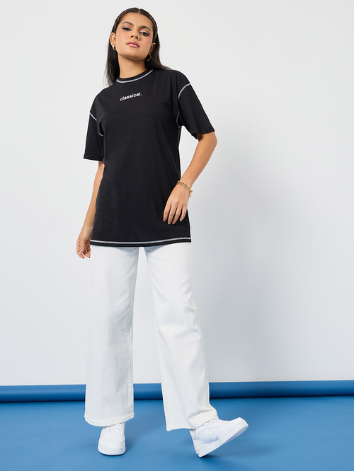 Buy Oversized Stitch Detail Drop Shoulder T-shirt Black For Buy Oversized Stitch Detail Drop Shoulder T-shirt Black For