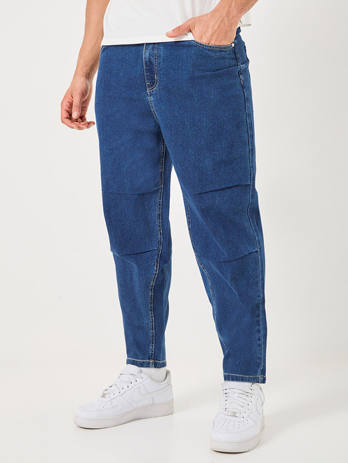 Buy Mid Rise Cotton Stretch Tapered Jeans Dark Blue For Men Styli UAE