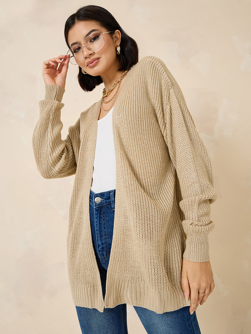 Buy Regular Fit Open Front Chunky Knit Cardigan Beige For Women Styli Kuwait