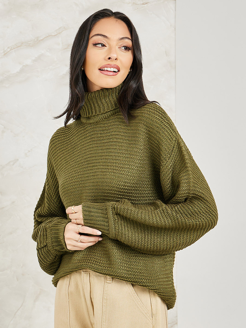 Buy Oversized Regular Length Chunky Knit Turtle Neck Sweater Olive For Women Styli UAE