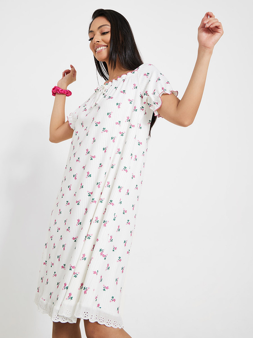 Buy Lettuce Hem Floral Print Rib Broderie Nightdress White For Women Styli UAE
