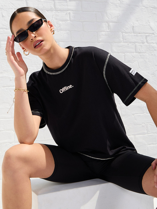 Buy Oversized Drop Shoulder Slogan T Shirt with Exposed Seam Black For Women Styli UAE
