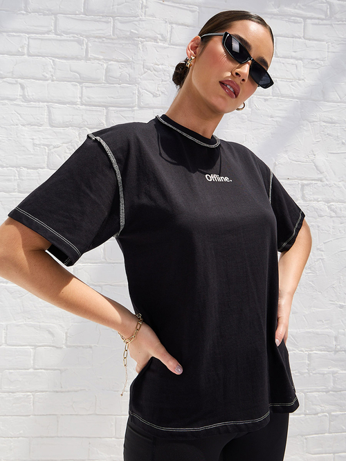 Buy Oversized Drop Shoulder Slogan T Shirt with Exposed Seam Black For Women Styli UAE