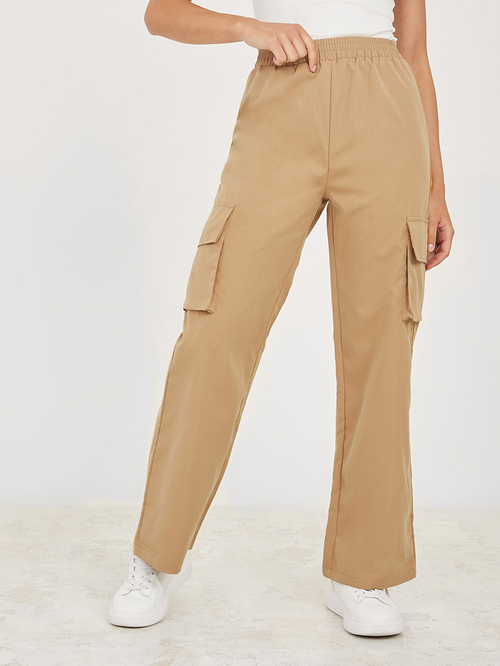 Buy Elastic Waist Cargo Straight Leg Pants Khaki For Women Styli Saudi