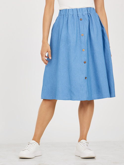 Buy Solid Button Placket Knee Length Skirt Blue For Women Styli Kuwait