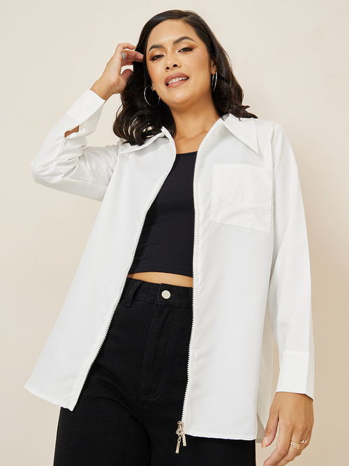 Buy Zip Through Longline Shirt with Pocket White For Women Styli Kuwait