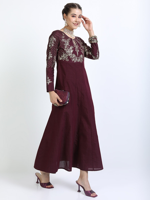 Buy Floral Print Keyhole Neck Ethnic Maxi Dress Maroon For Women Styli UAE