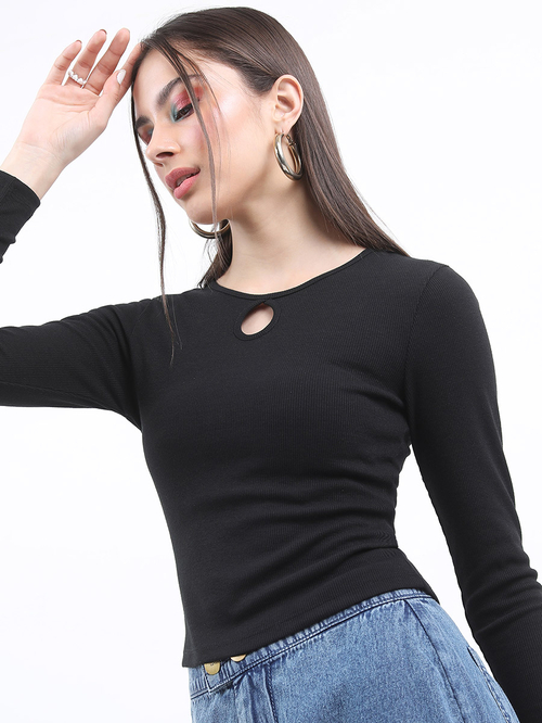 Buy Keyhole Neck Ribbed Fitted Top Black For Women Styli Saudi