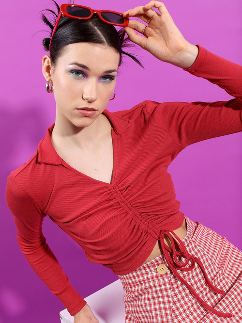 Buy Front Ruched Ribbed Crop Top Red For Women Styli UAE