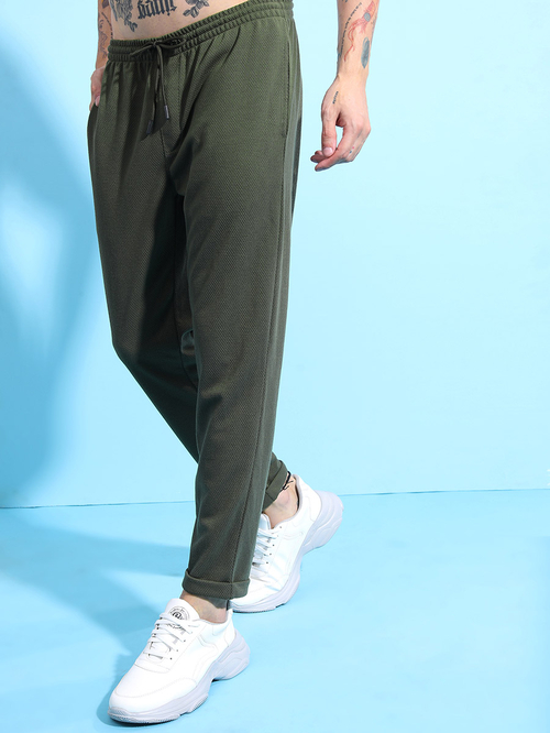 Buy Textured Roll Up Hem Slim Fit Joggers Olive For Men Styli Kuwait