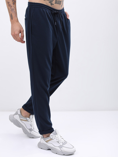 Buy Textured Roll Up Hem Slim Fit Joggers Navy Blue For Men Styli Saudi