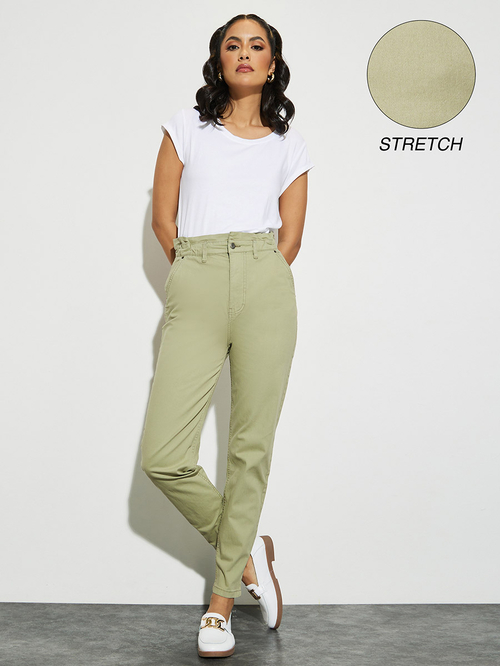 Buy Paper Bag Waist High Rise Mom Jeans Khaki For Women Styli Saudi
