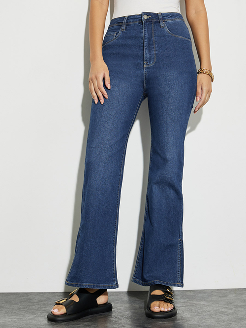 Buy High Rise Side Slit Flared Jeans Dark Blue For Women Styli Saudi